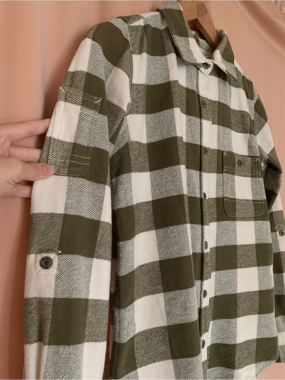 Dovetail Workwear Chunky Buffalo Olive & White Plaid Button-Up Heavy Flannel